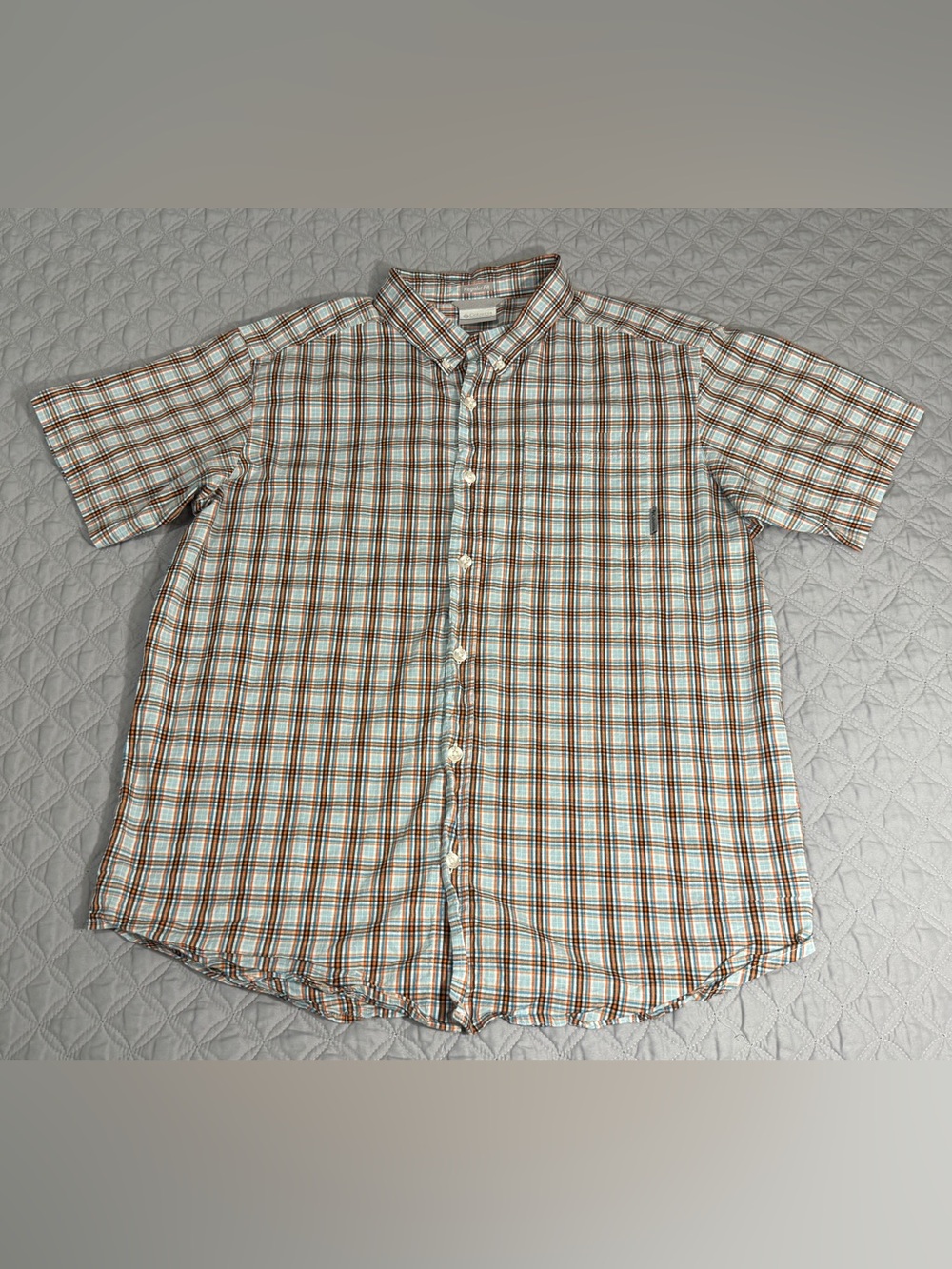 Columbia Short Sleeve Button Down Shirt Men Large Plaid Orange Hiking Outdoors